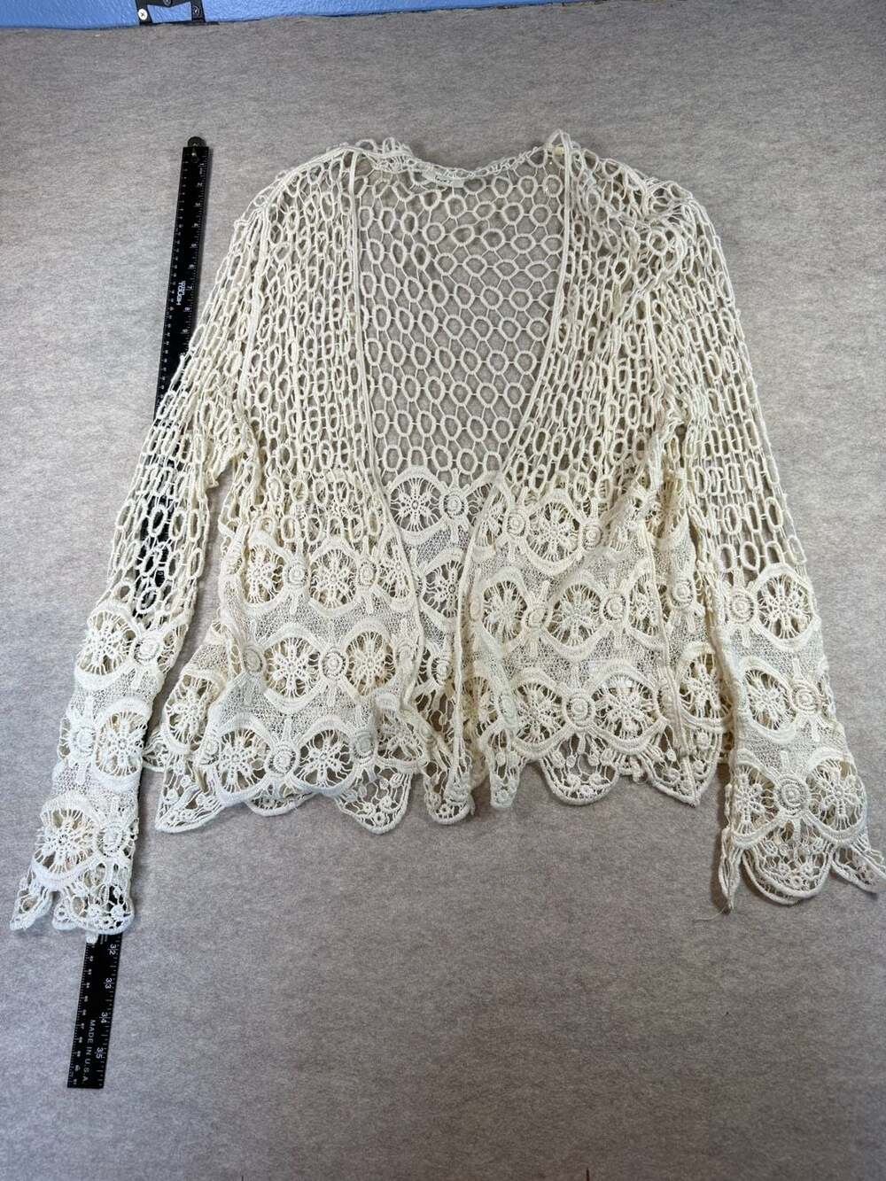 Love J Womens L/XL Cream Crochet Lace Open Front Cardigan Boho Cottagecore Top